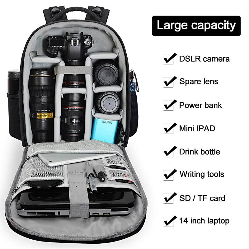 Waterproof DSLR Camera Bag Backpack Professional Large Camera Backpack with Laptop Compartment 14",Tripod Holder, USB Charging and Rain Cover for Nikon Canon Sony Mirrorless Cameras and Lenses