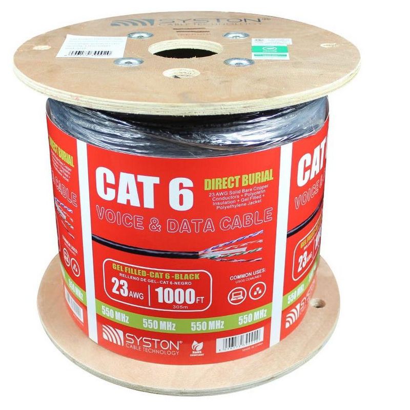 Syston Cat6 Ethernet Bulk Cable - 1000 Feet - Black, Outdoor Gel-filled Direct Burial, STP, Solid, 550MHz, Pure Bare Copper, 23AWG