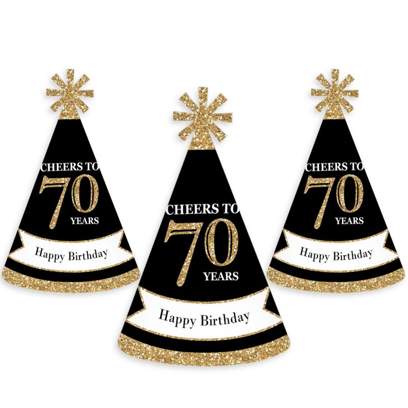 Big Dot of Happiness Adult 70th Birthday - Gold - Cone Birthday Party Hats for Kids and Adults - Set of 8 (Standard Size)