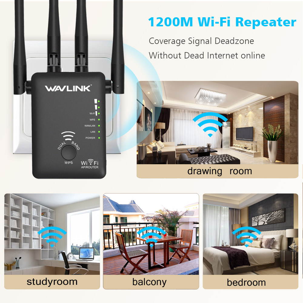 Wavlink AC1200 Wireless Range Extender WiFi Signal Booster Dual Band 2.4G/5G Ethernet 5dBi High Performance Antennas Support Router / Access Point / Repeater Modes for Guest Network - Black