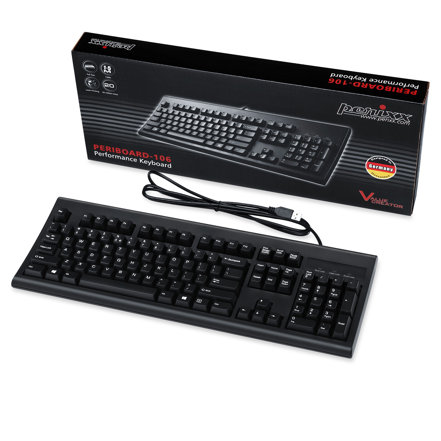 Perixx PERIBOARD-106 US, Wired USB Standard Keyboard, 104 Curve Keys Basic and Ergonomic Keyboard, Black, Full US Layout