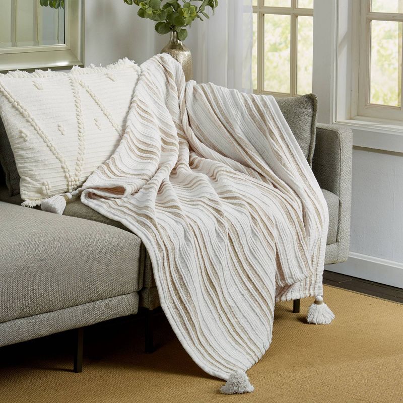 50"x60" Woven Striped Throw Blanket with Corner Tassels Tan - Patina Vie