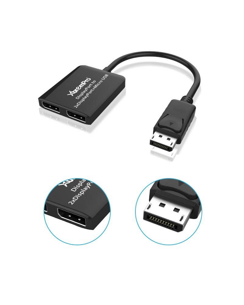 XtremPro 2 Ports DisplayPort MST Hub Splitter Support HDCP, SST, and Extended MST, 3840x2160P@30Hz - Black (61072)