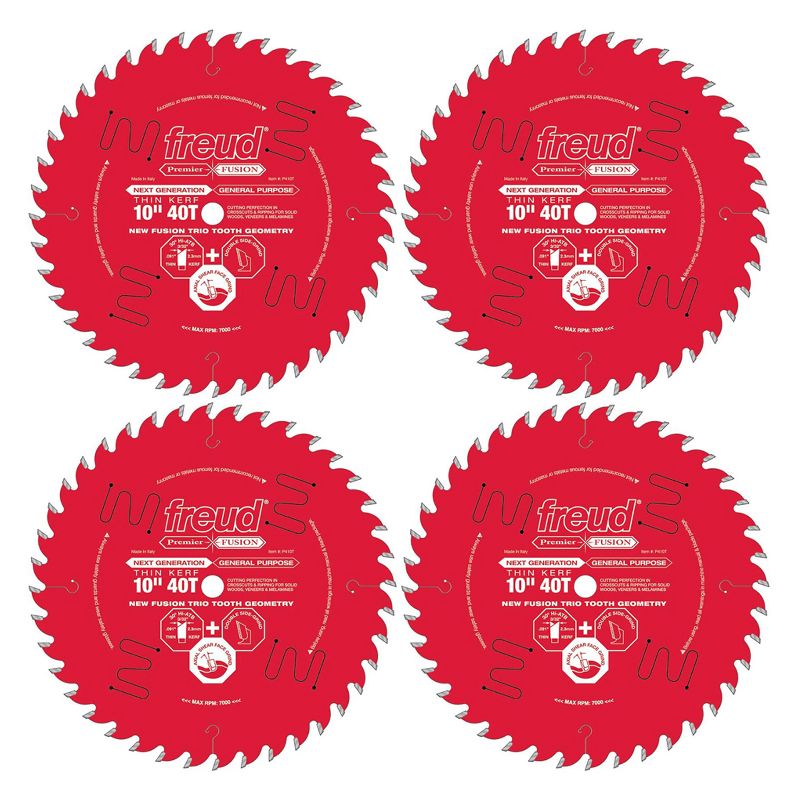 Freud P410T 10 Inch 40T Thin Kerf Next Generation Fusion Trio General Purpose Anti Vibration Cutting Saw Blade for Crosscutting and Ripping (4 Pack)
