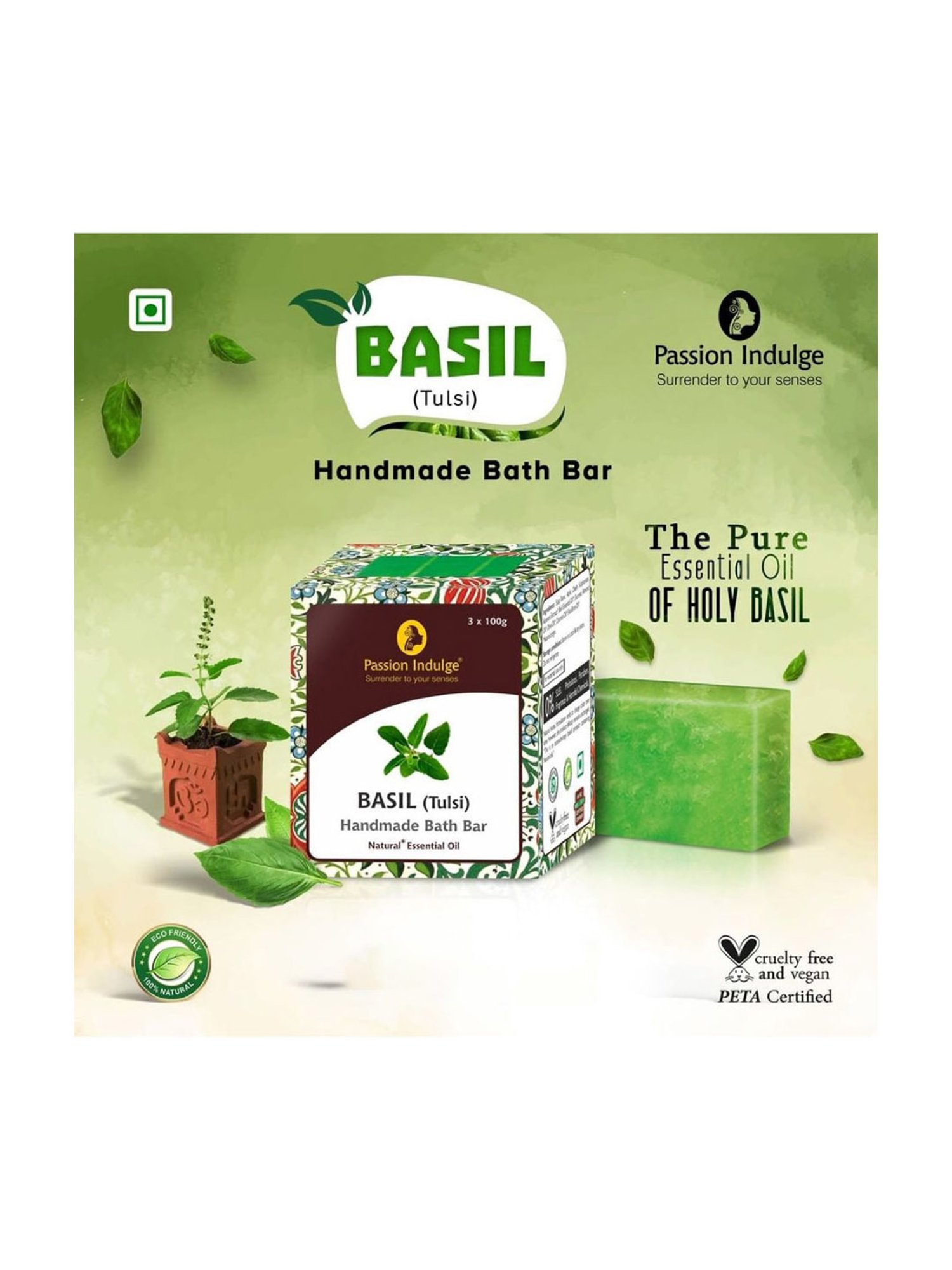 Passion Indulge Natural Handmade Bath Bar Soap Basil - 300 gm (Pack of 3)