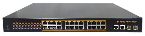 28 ports PoE switch with 24 PoE port, 100Mbit each PoE port
Total Power Outputs 400Watts , 2 Gigabit uplink ports and 2 Gigabit fiber optical ports