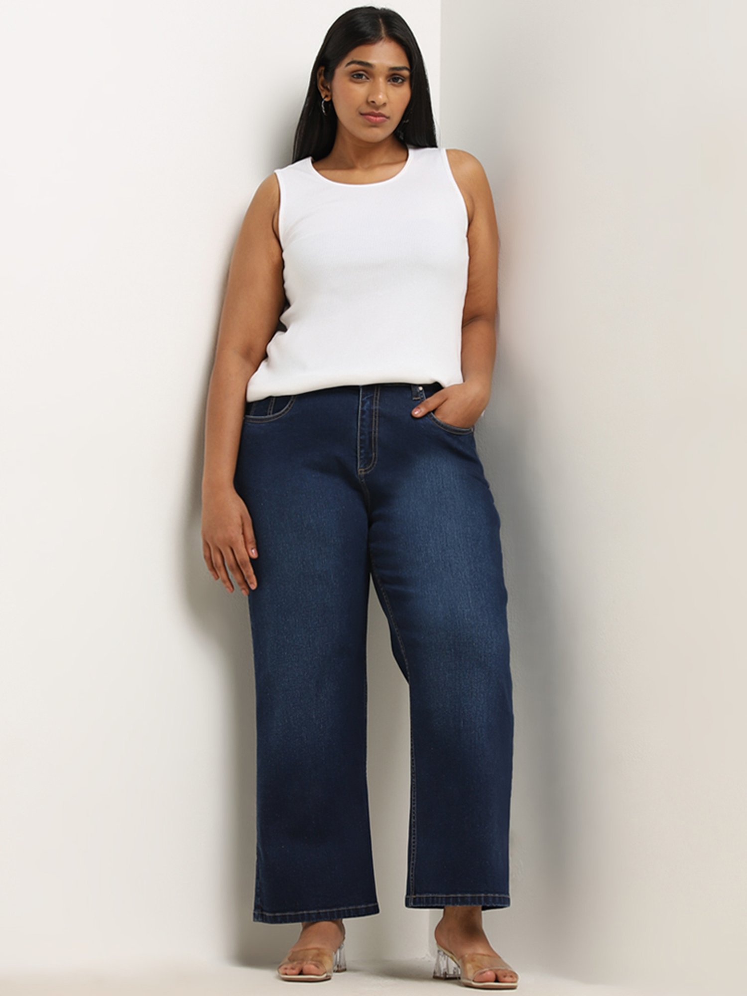 Gia by Westside Dark Blue High-Rise Wide-Leg Fit Jeans