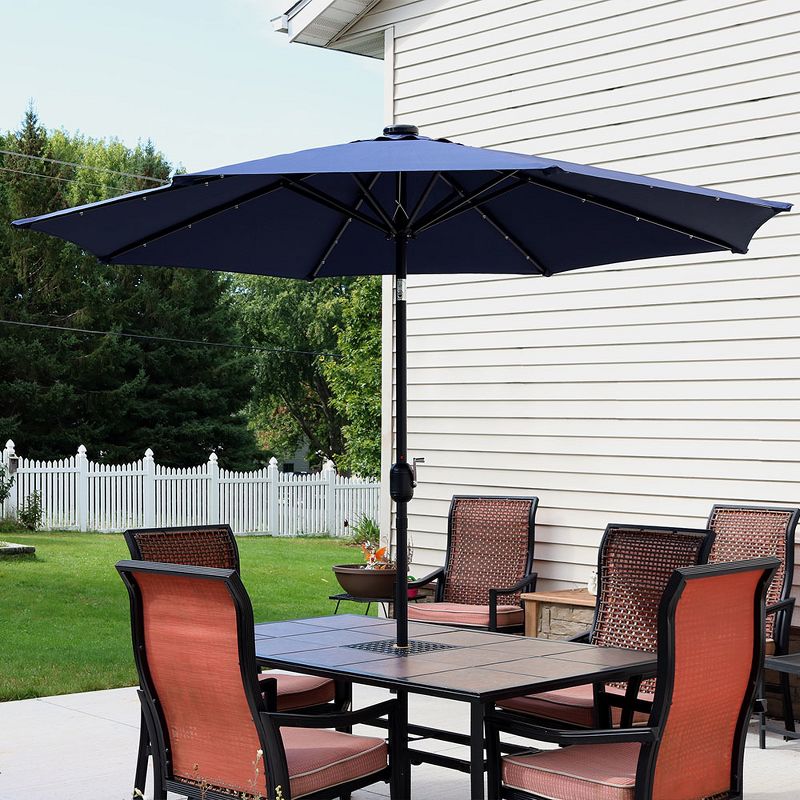 Sunnydaze Outdoor Aluminum Pool Patio Umbrella with Solar LED Lights, Tilt, and Crank - 9' - Navy Blue