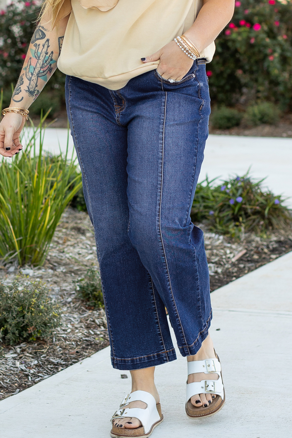 Dark Blue Plus Size Stitching Washed Flare Jeans