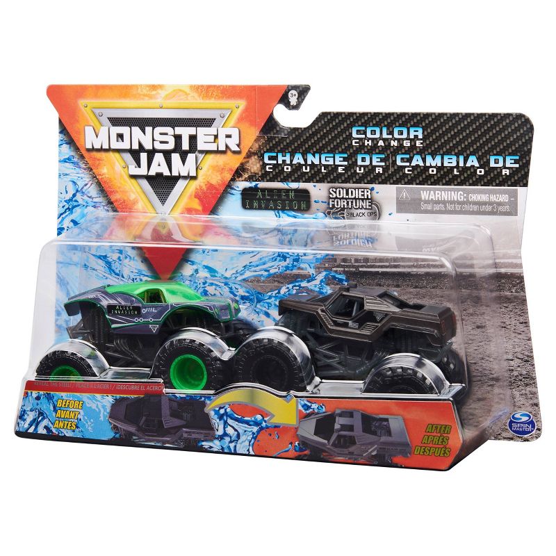 Monster Jam Official Alien Invasion vs. Soldier Fortune Black Ops Color-Changing Die-Cast Monster Trucks - 1:64 Scale