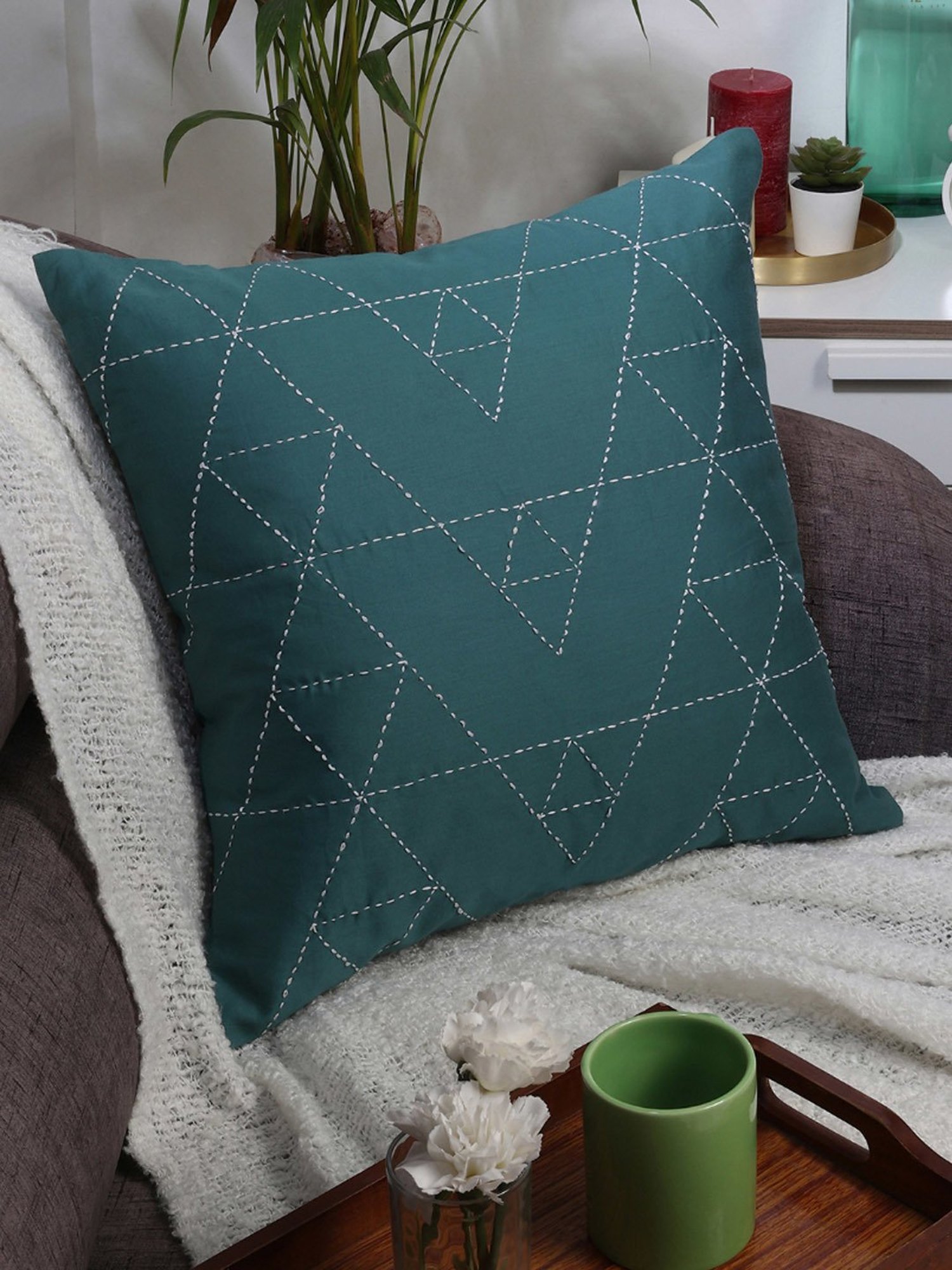 Spaces Spun Geometric Dark Green Cotton Cushion Cover