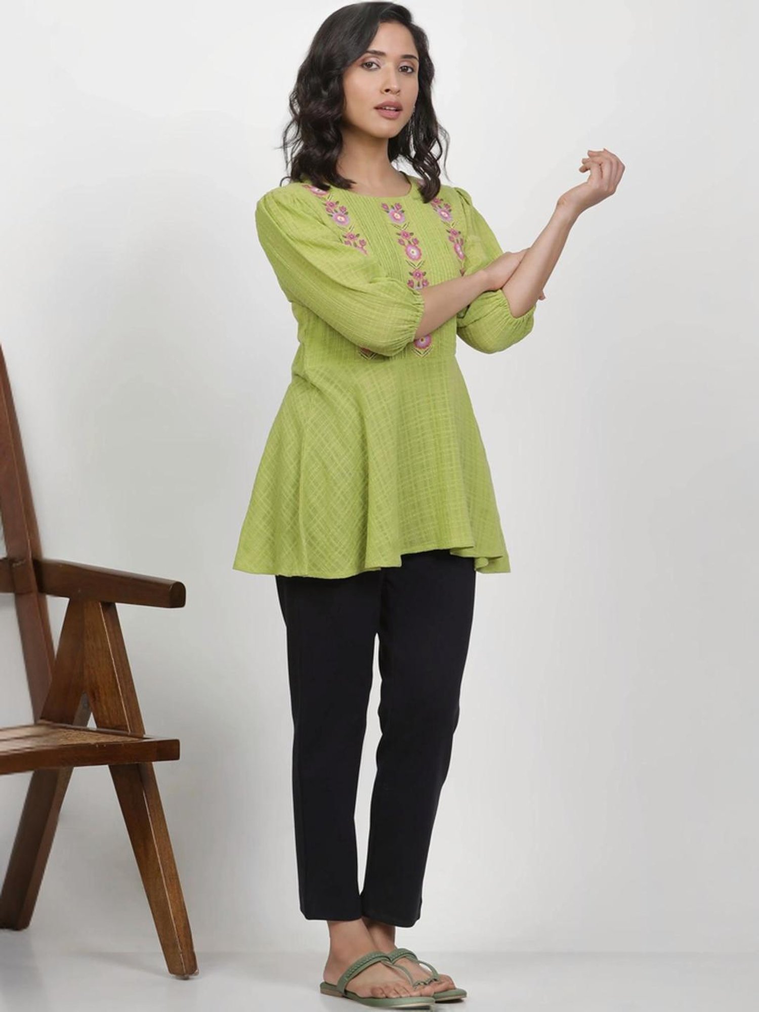 W Green Cotton Embroidered Top