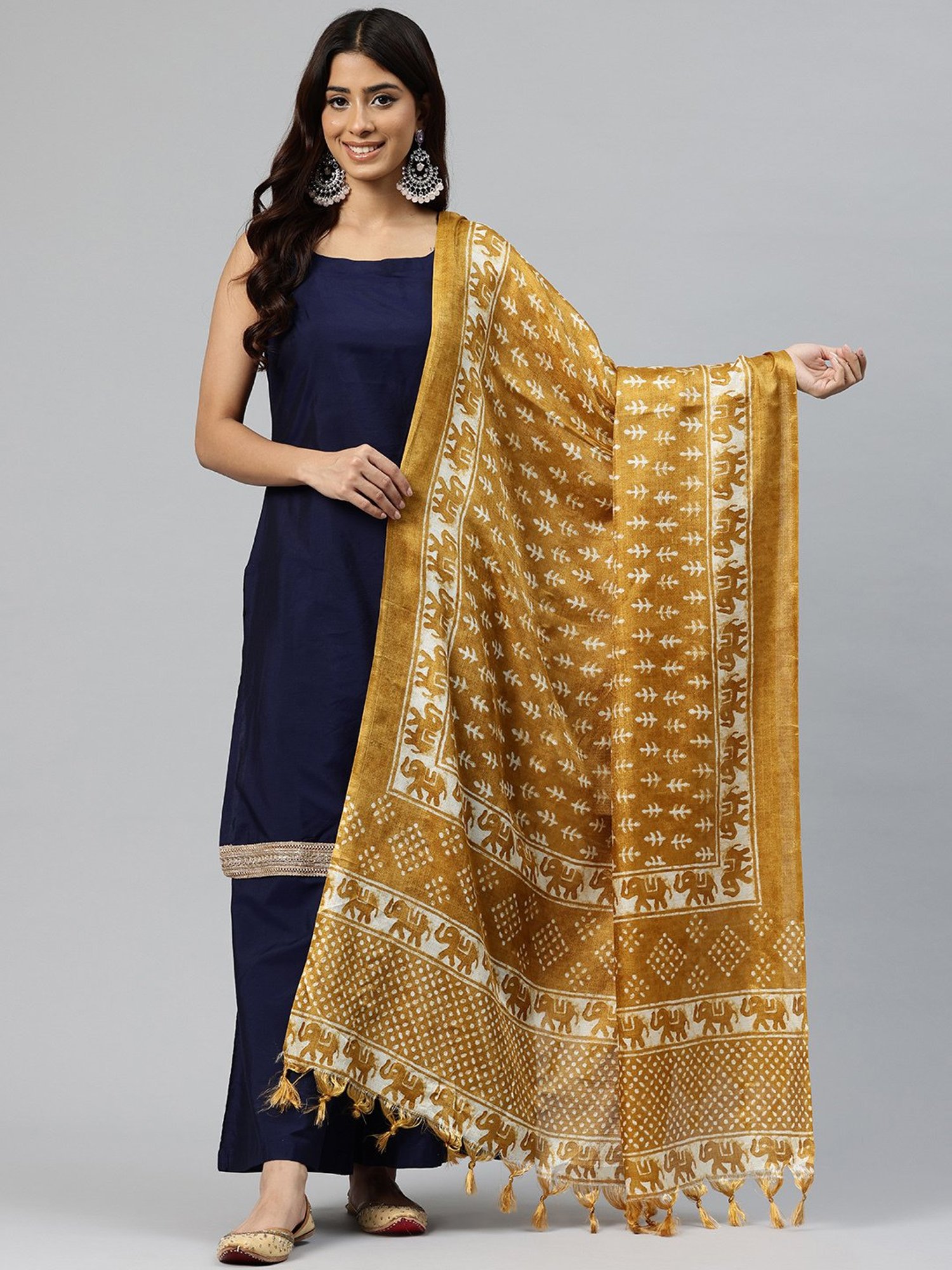 One Femme Gold Silk Printed Dupatta