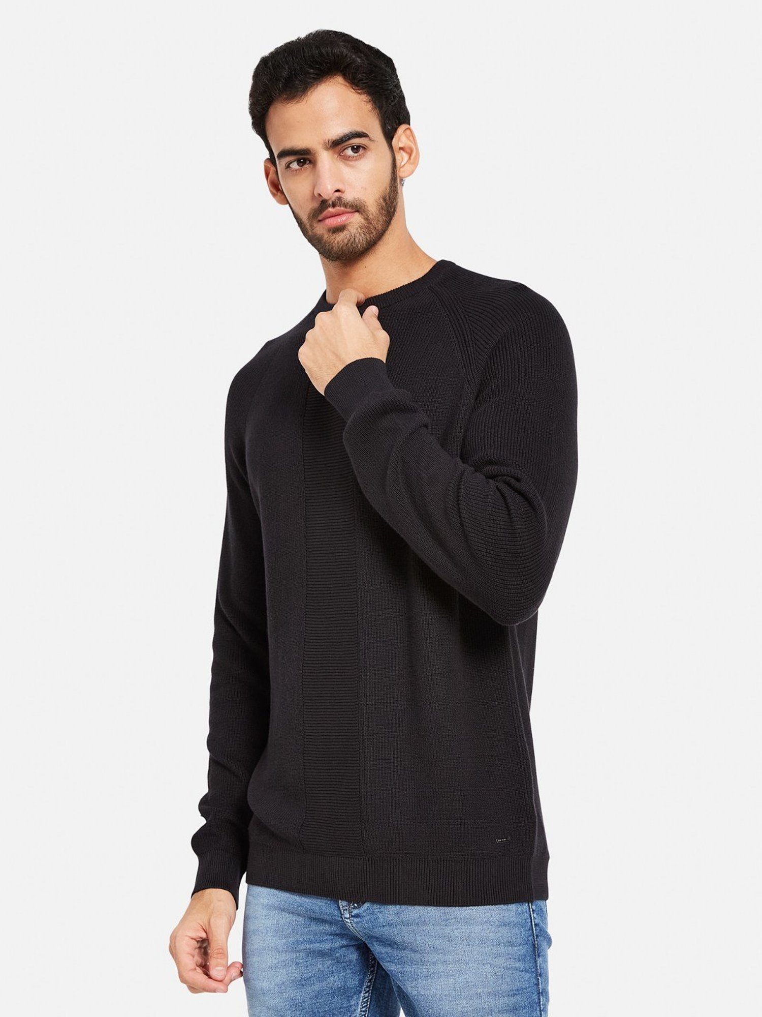 METTLE Black Cotton Regular Fit Sweater