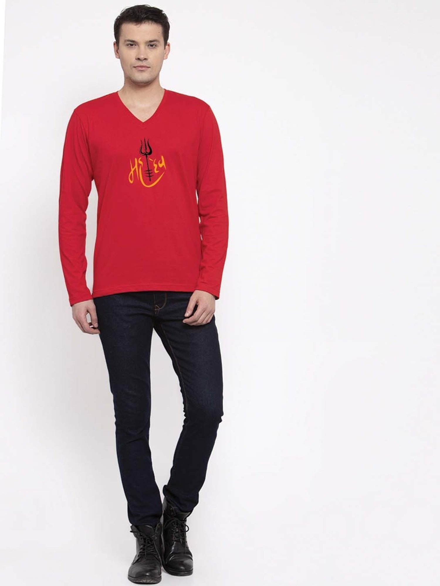 Friskers Red Cotton Slim Fit Printed T-Shirt