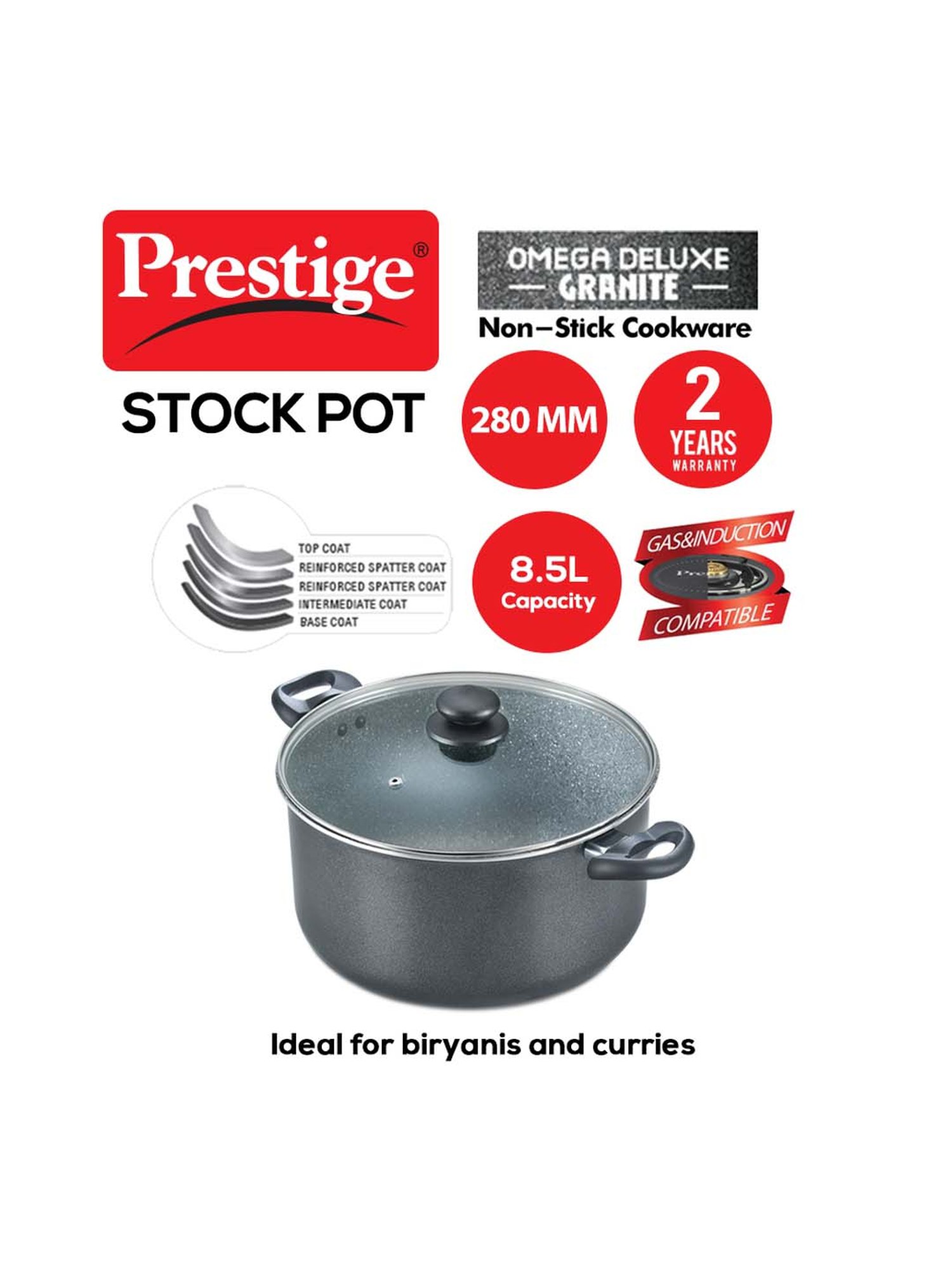 Prestige Omega Black Deluxe Granite 280 mm Stock Pot with Lid - Set of 1