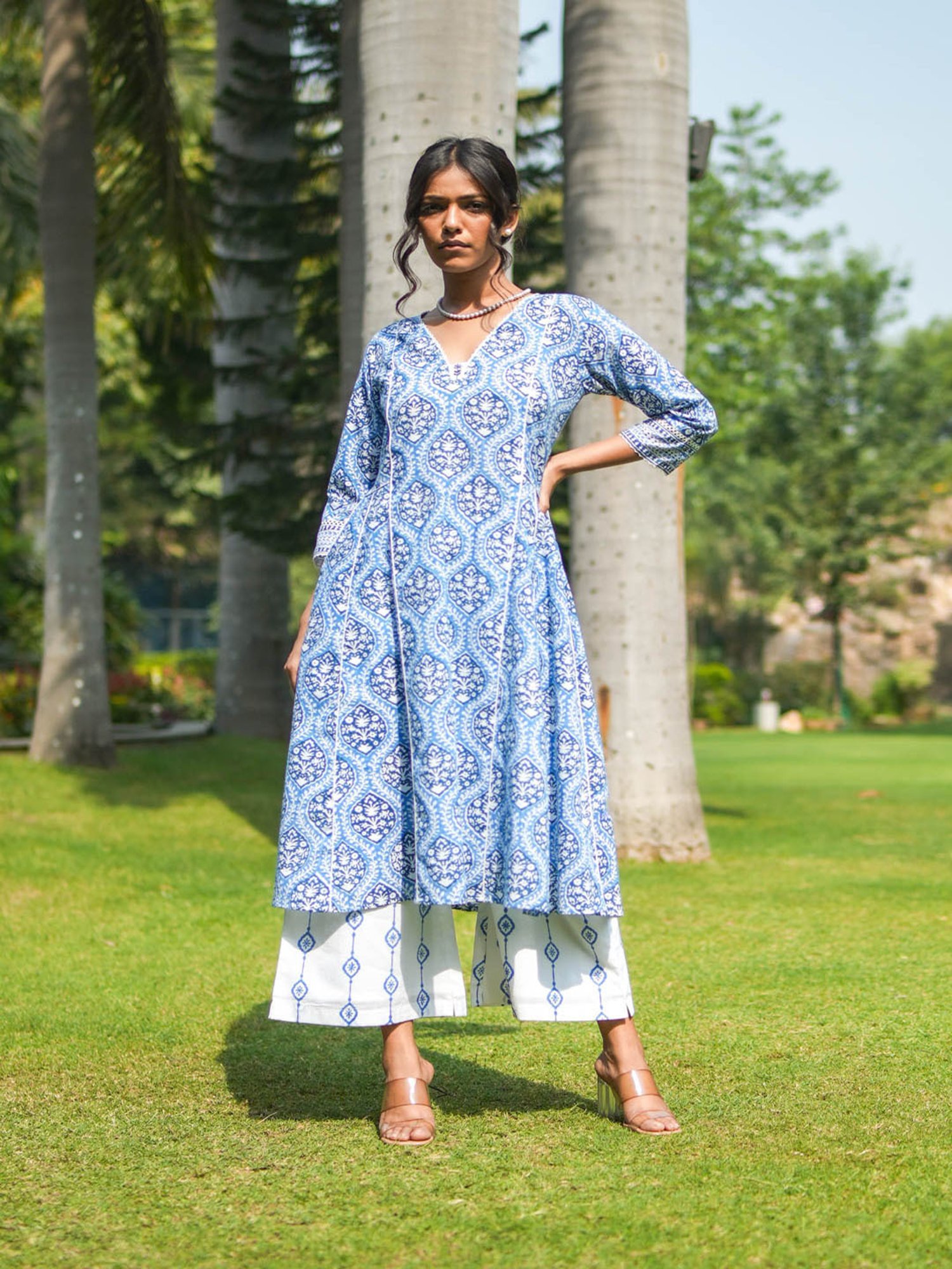 Akiso Blue Hand Block Printed Flared Kurta Set With Hand Embroidery Detail ( Set Of 2 )