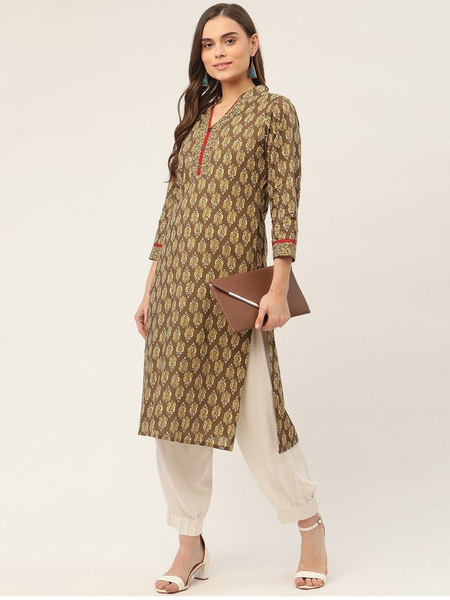 Jompers Brown & Green Pure Cotton Printed Straight Kurta