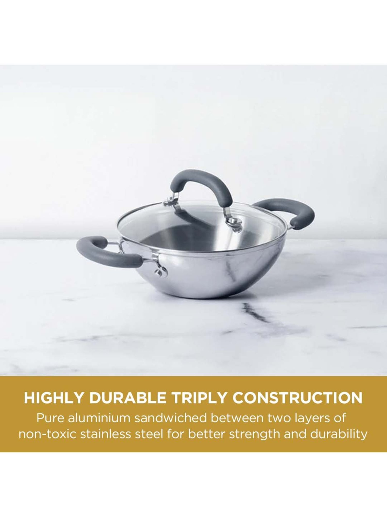 ALLO Silver Stainless Steel Induction Friendly Triply Kadhai (3 L)