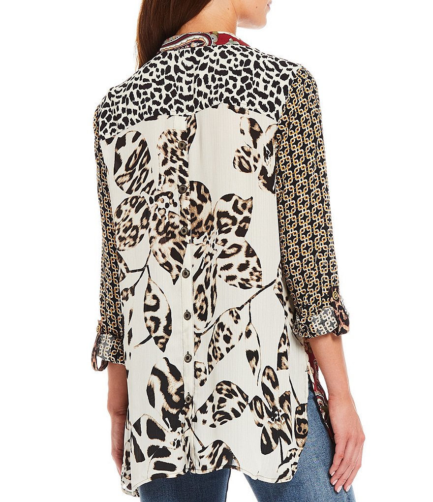 John Mark Mixed Print Button Front & Back Wire Neck Long Sleeve Tunic