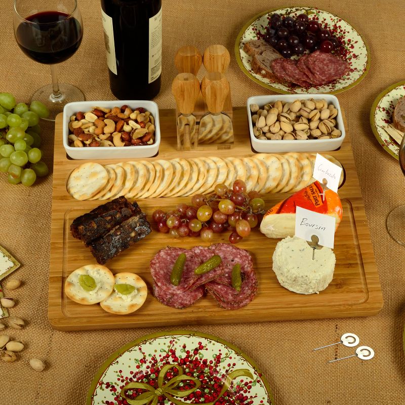 Picnic at Ascot Large Bamboo Cheese Board/Charcuterie Platter with Tools, Bowls, & Markers