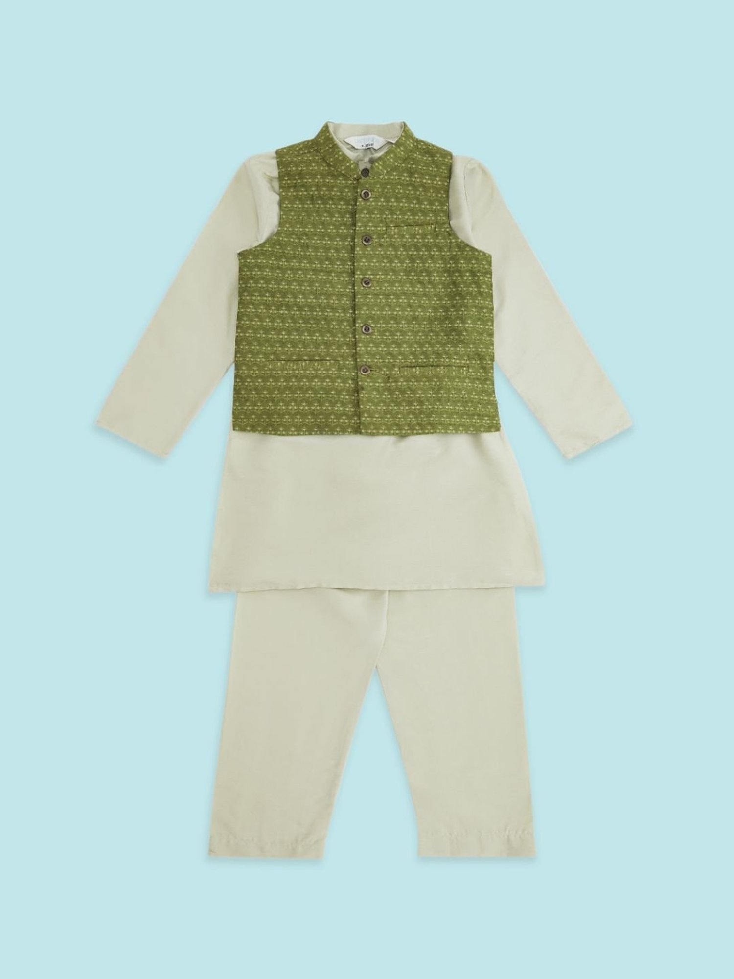 Indus Route by Pantaloons Kids Lime Green & White Jacquard Full Sleeves Kurta Set