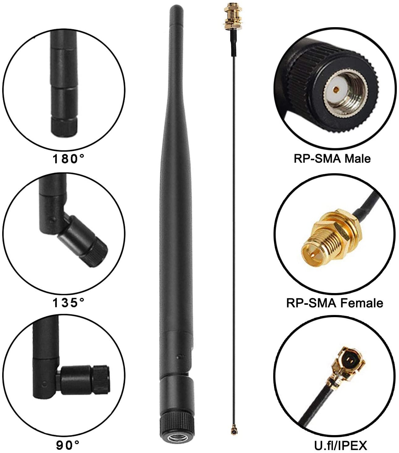 ALAMSCN 6dBi 2.4GHz 5.8GHz Dual Band RP-SMA Antenna + 35cm U.fl/IPEX Extension Pigtail Cable to RP SMA Famale Connector for Wireless Router Aerial WiFi WAN Repeater Network (Pack of 4)