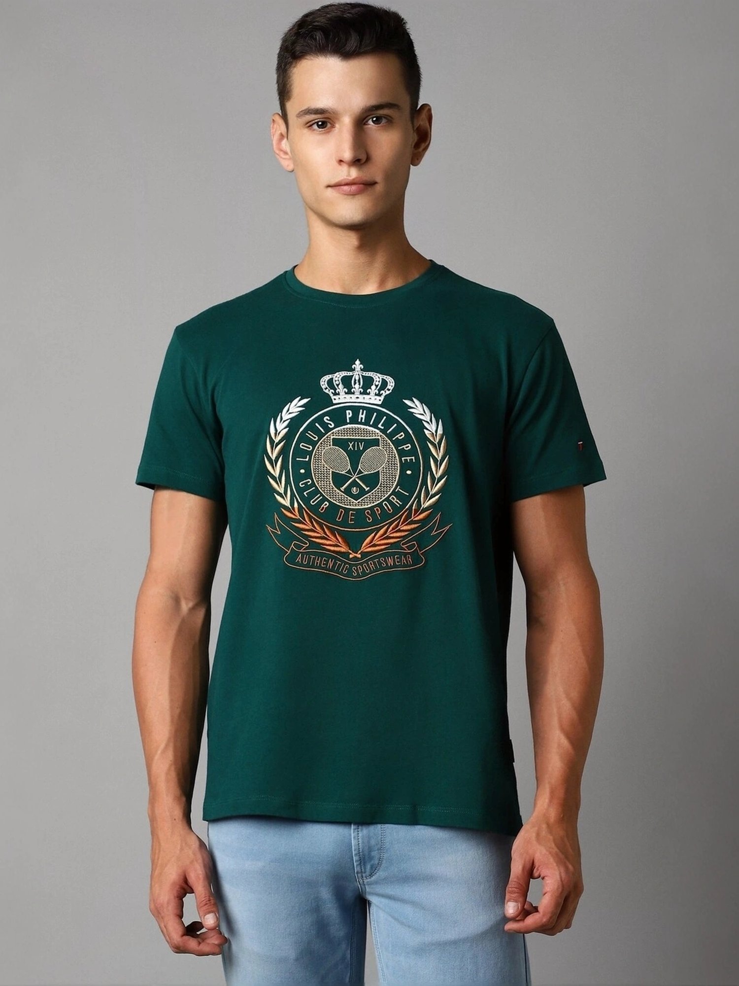 Louis Philippe Green Cotton Slim Fit Printed T-Shirt