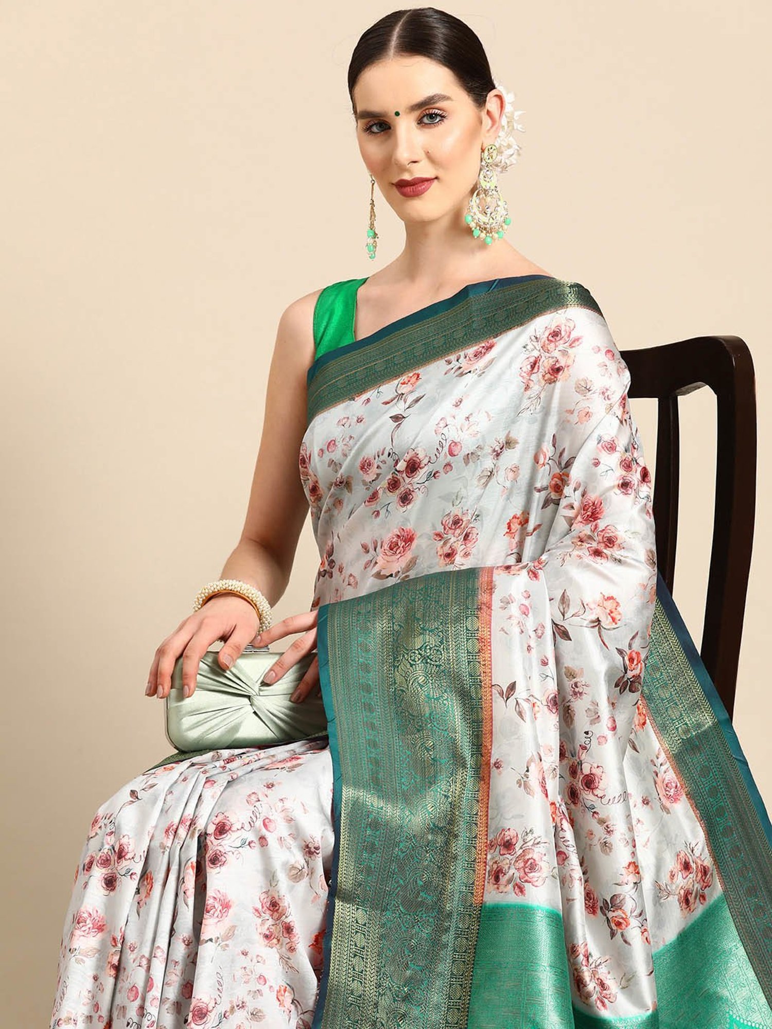 Silk Land Grey Silk Floral Saree With Unstitched Blouse