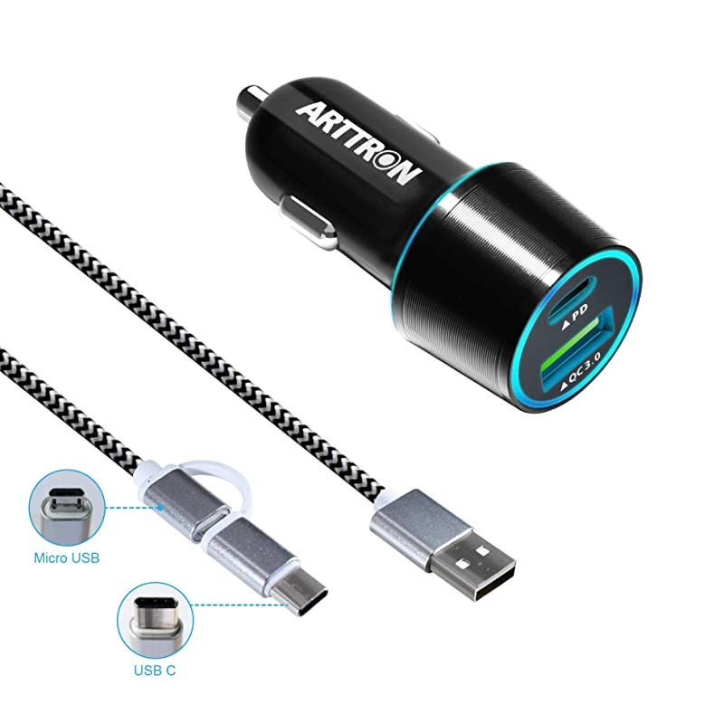 USB Car Charger  USB Car Quick Charger 30 with Charging Cable C Type Retractable 2 in 1 USB PD QC 30 car ChargerPower Delivery Dual USB Port Flush Mount Slim Fast Charge car Adapter