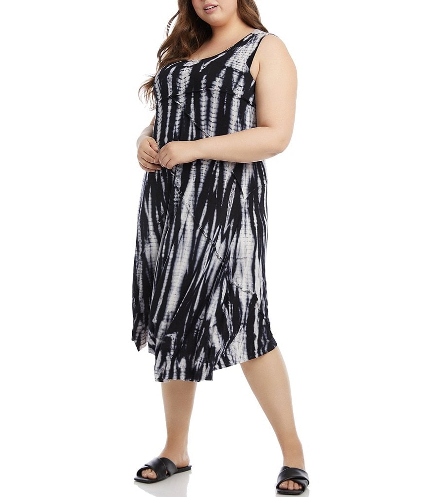 Karen Kane Plus Size Tie Dye Scoop Neck Sleeveless Seamed Asymmetrical Hem Dress