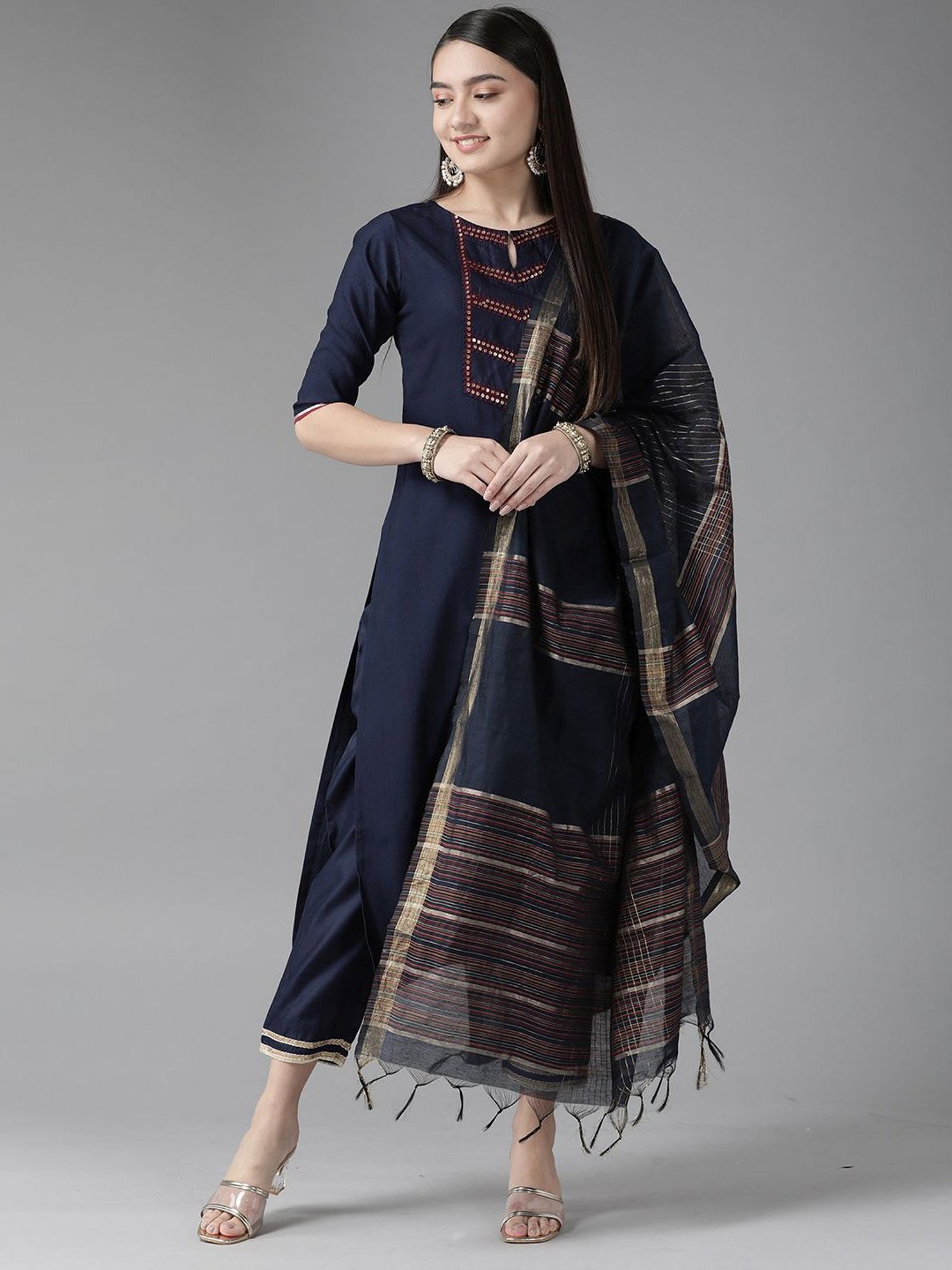 Indo Era Navy Striped Dupatta