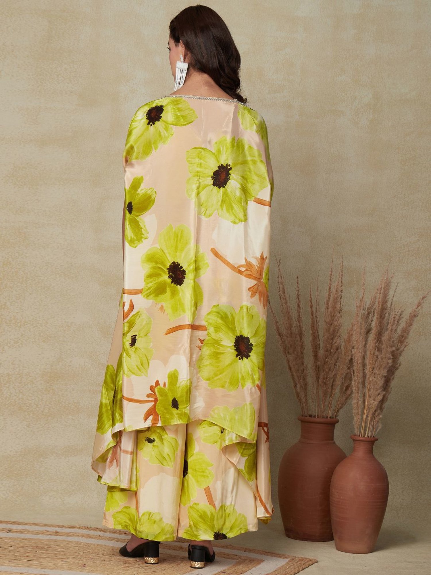 Fashor Beige Floral Print Crop Top Palazzo Set With Jacket