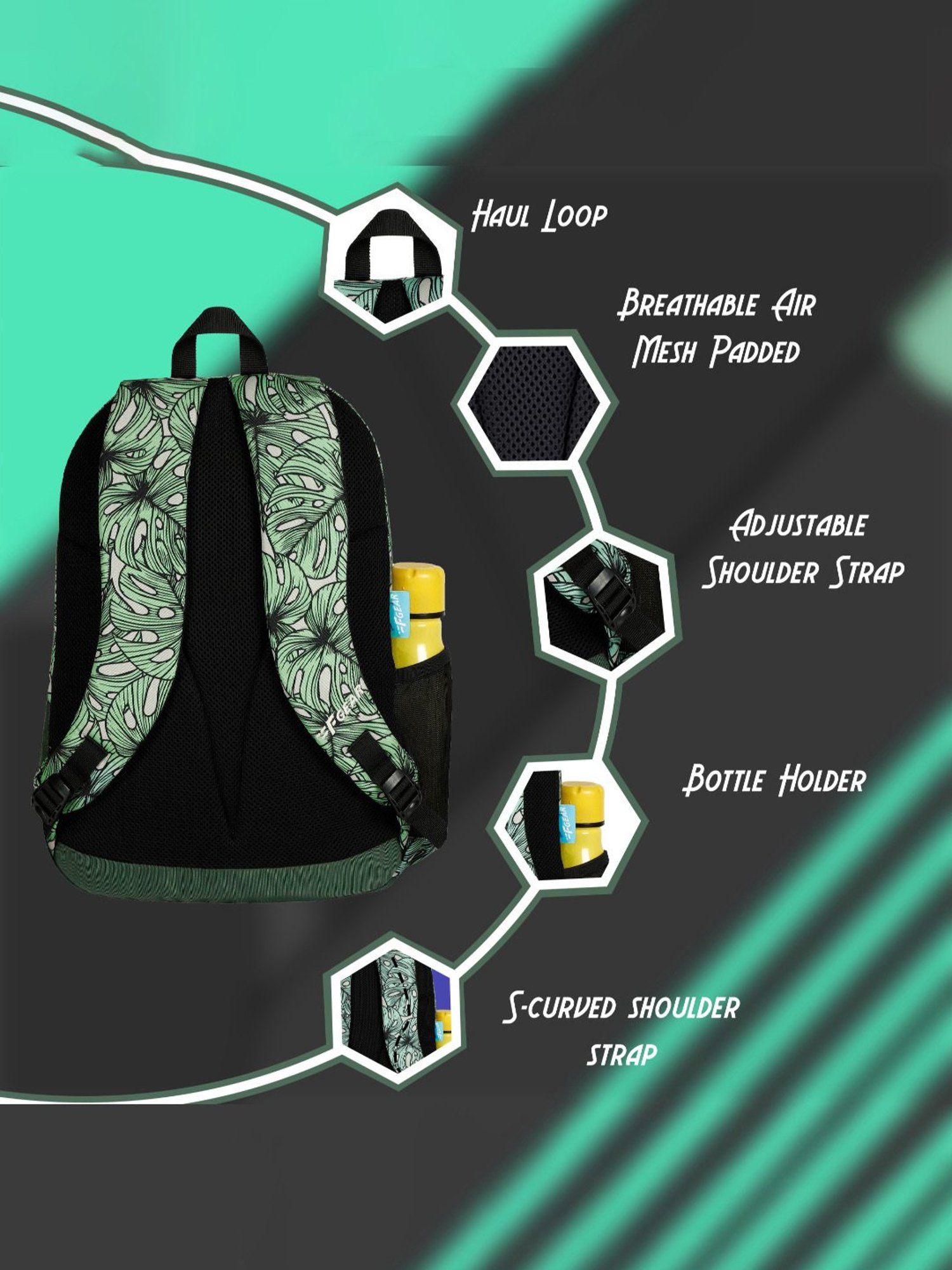 F Gear Nico Palm Green Black Printed Small Backpack