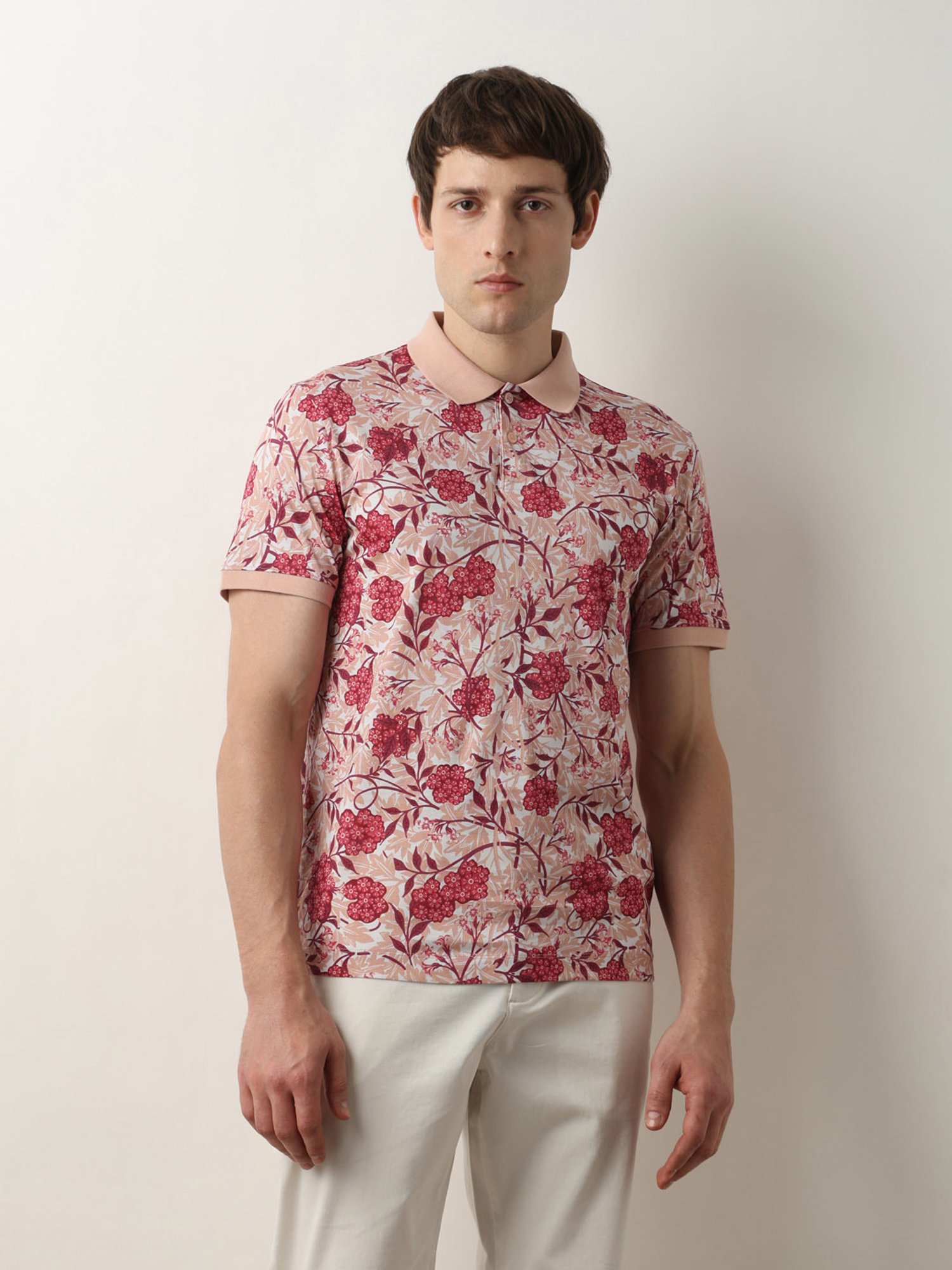 SELECTED HOMME Pink Slim Fit Floral Print Cotton Polo T-Shirt