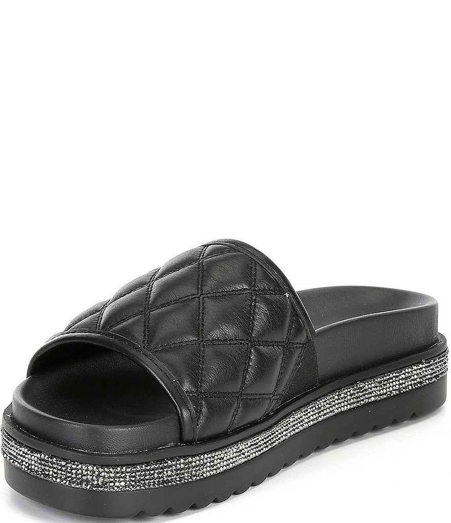Carvela Jeo Quilted Leather Rhinestone Sole Flatform Slide Footbed Sandals