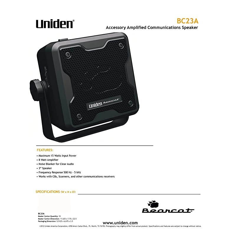 BC23A Bearcat 15Watt Amplified External Communications Speaker Durable Rugged Design Perfect for Amplifying  Scanners CB Radios and Other Communications Receivers