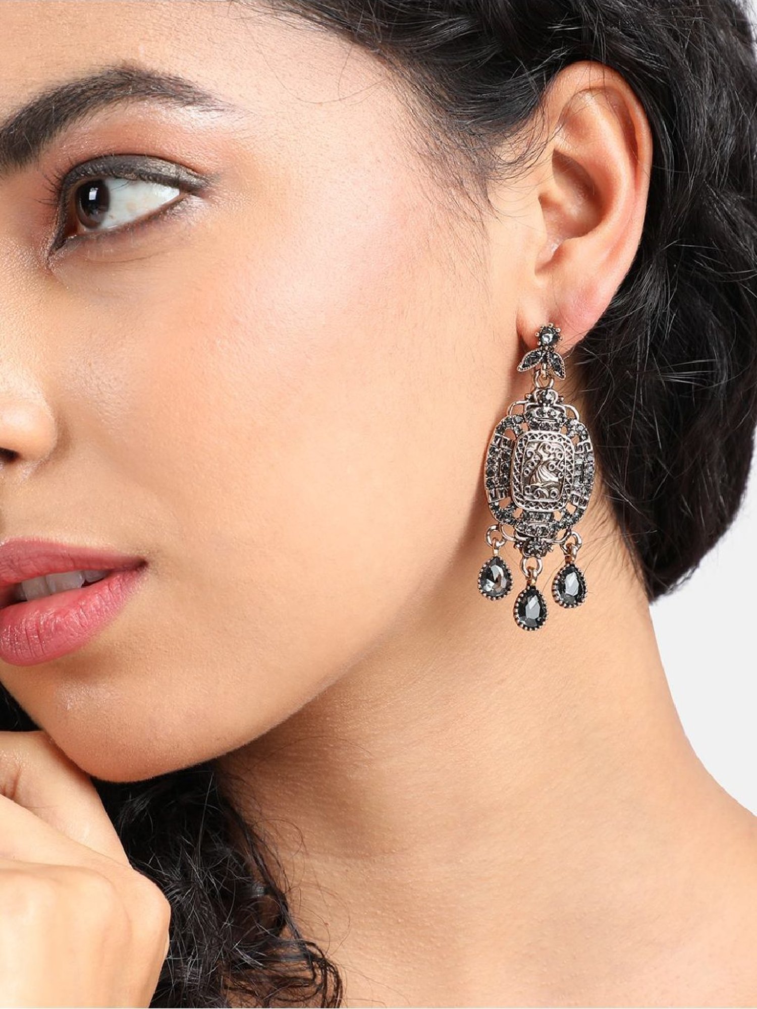 Sohi Women's Antique Intricate Crystal Drop Earrings  Gold