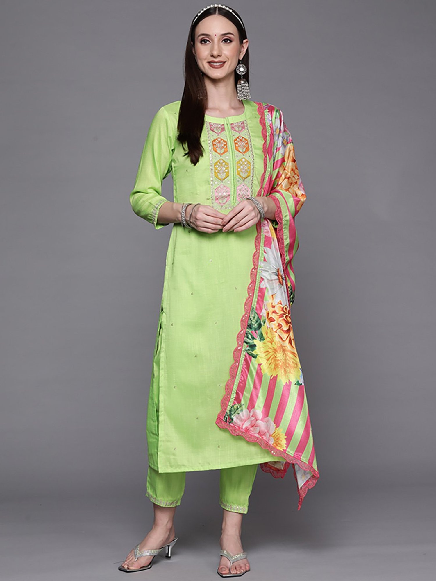 Indo Era Green Embroidered Kurta Pant Set With Dupatta