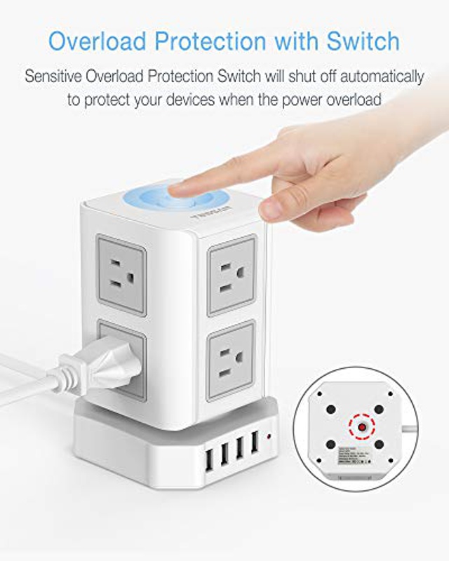 Power Strips Tower, Long Extension Cord 10 ft, TESSAN Surge Protector 8 Widely Spaced AC Outlets 4 USB Ports, Multiple Outlets Charging Station Circuit Breaker Safeguard for Home, Office, School