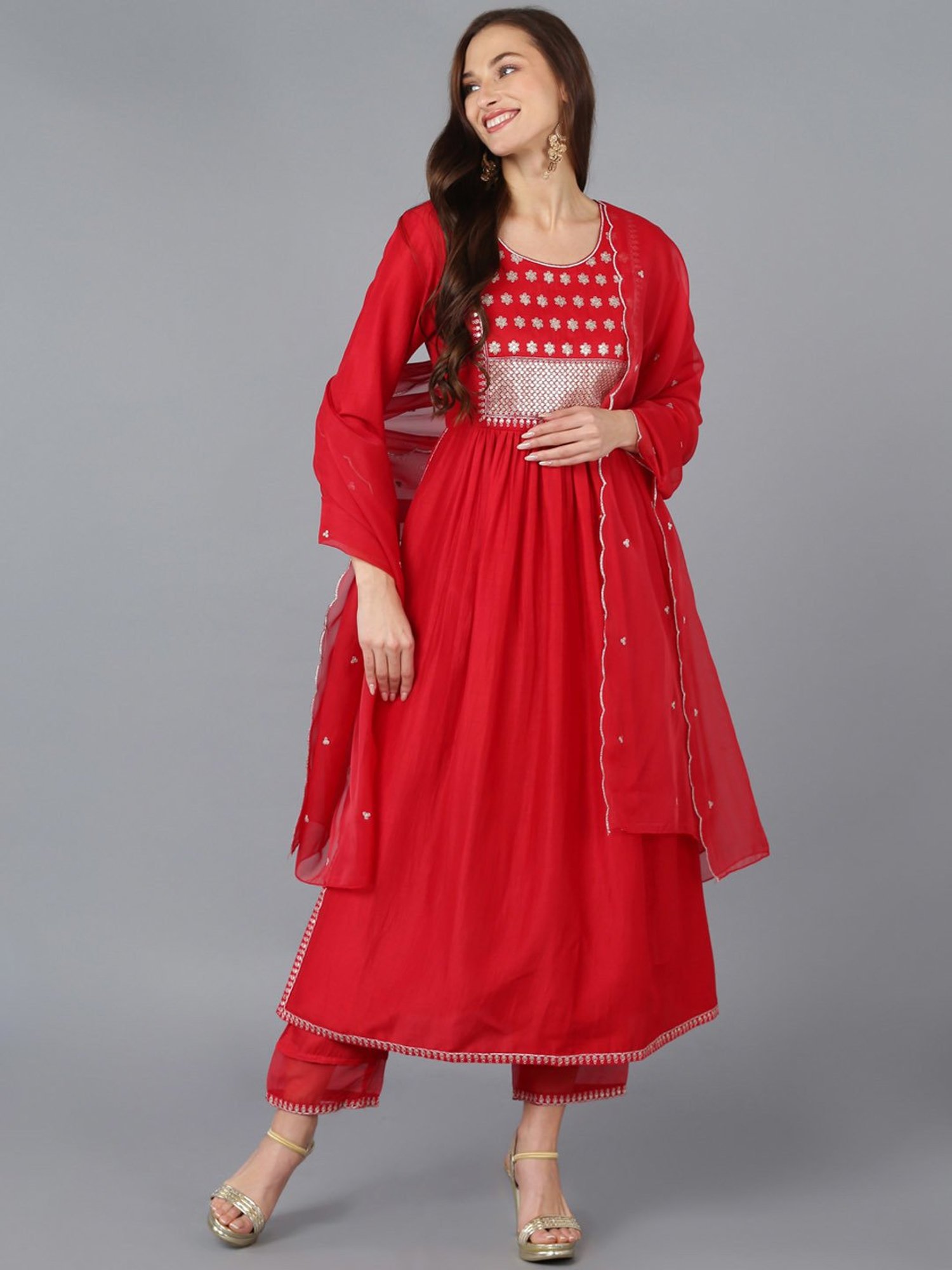 Vaamsi Red Embellished Kurta Pant Set With Dupatta