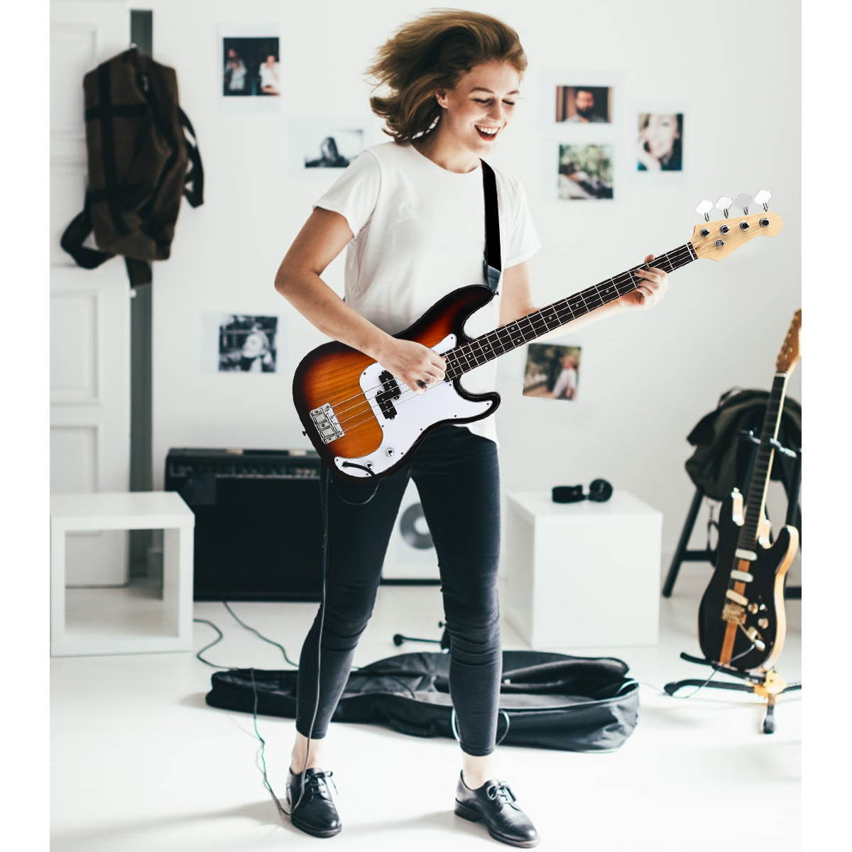 Sonart Full Size Electric Bass Guitar 4 String with Strap Bag Amp Cord Yellow