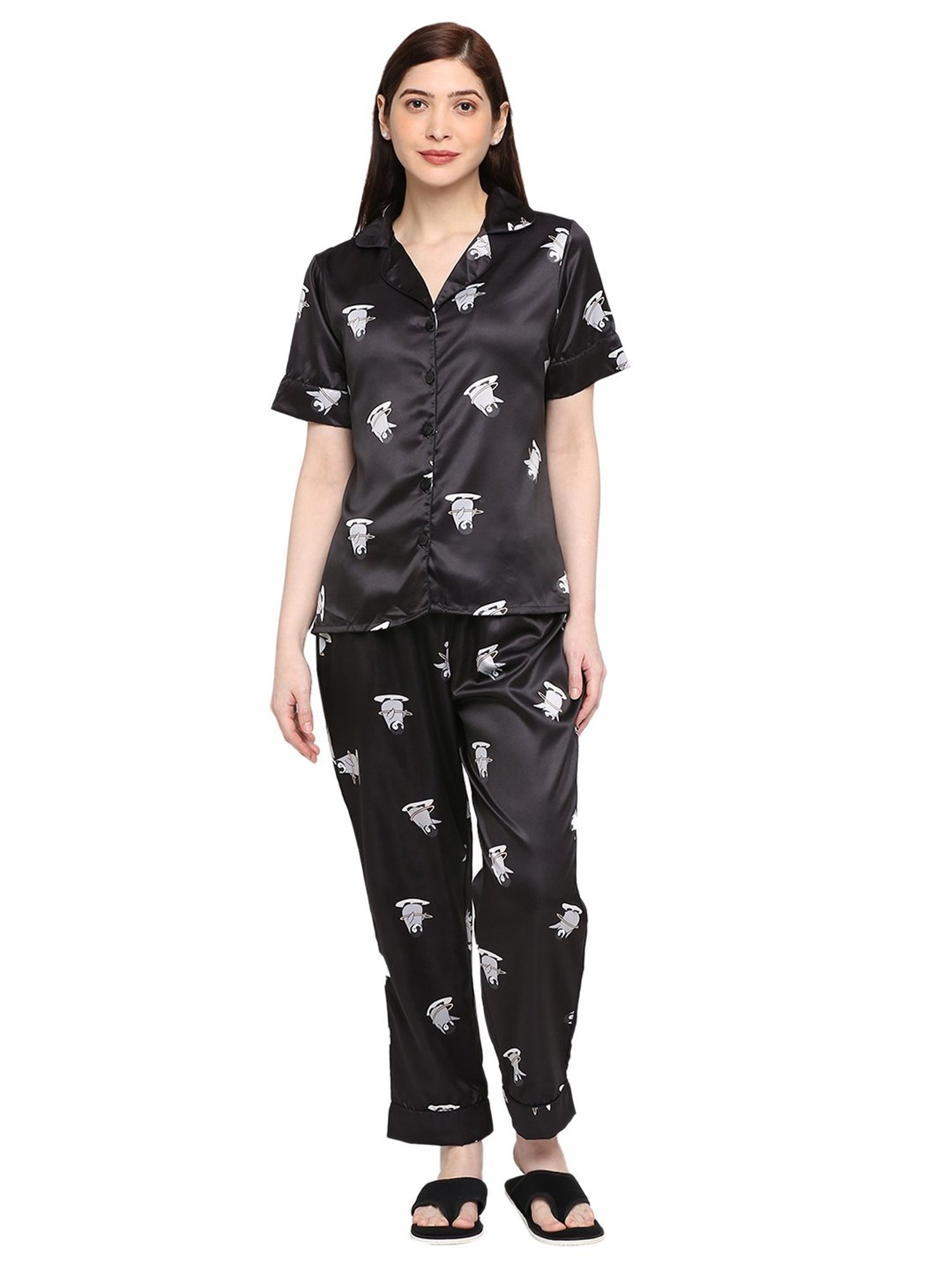 Smarty Pants Black and White Satin Print Shirt With Pyjamas