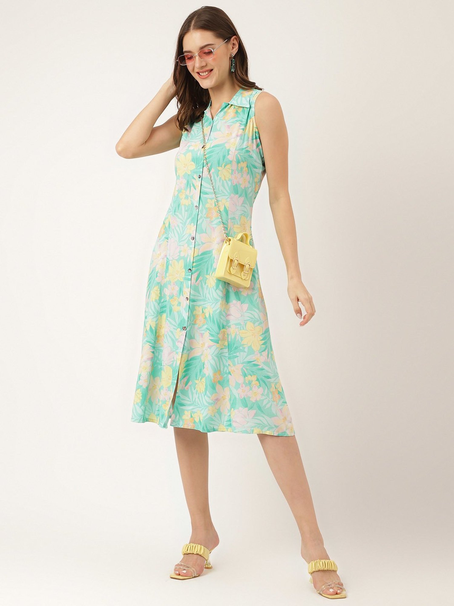 Divena Green Floral Print Ethnic Dress With Unstitched Sleeves