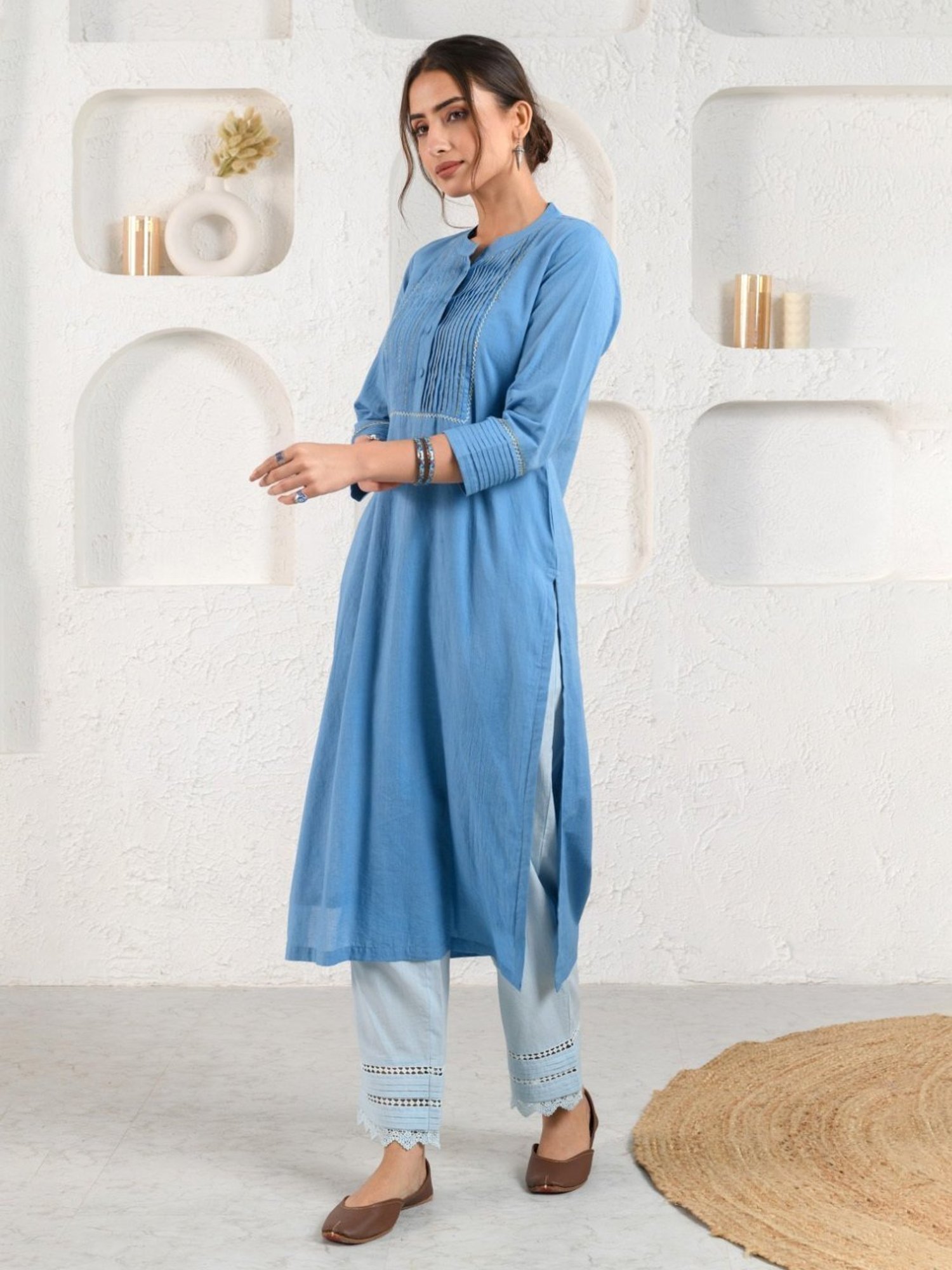 Prakriti Jaipur Blue Pleated Dobby Kurta