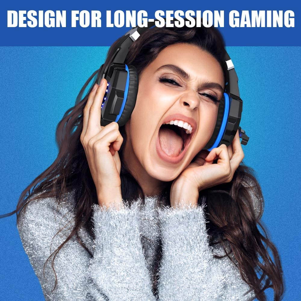Gaming Headset for PS4, PC, Xbox One Controller, Noise Cancelling Over Ear Headphones with Mic, LED Light, Bass Surround, Soft Memory Earmuffs for Laptop Mac Nintendo PS3 Games