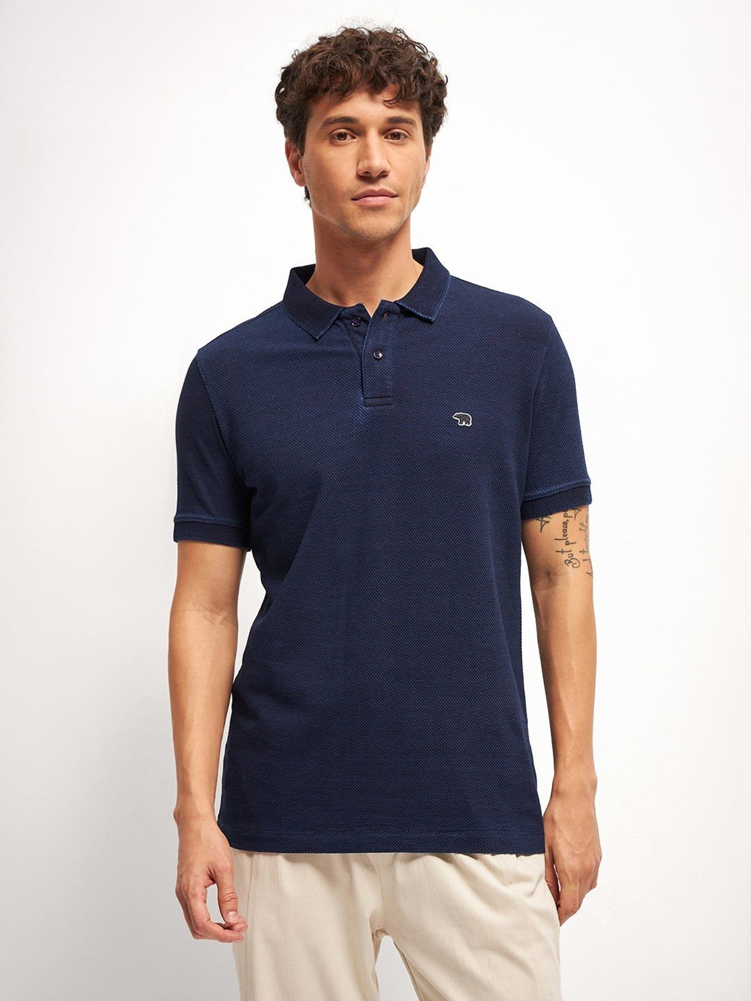 The Bear House Blue Cotton Regular Fit Self Pattern Polo T-Shirt
