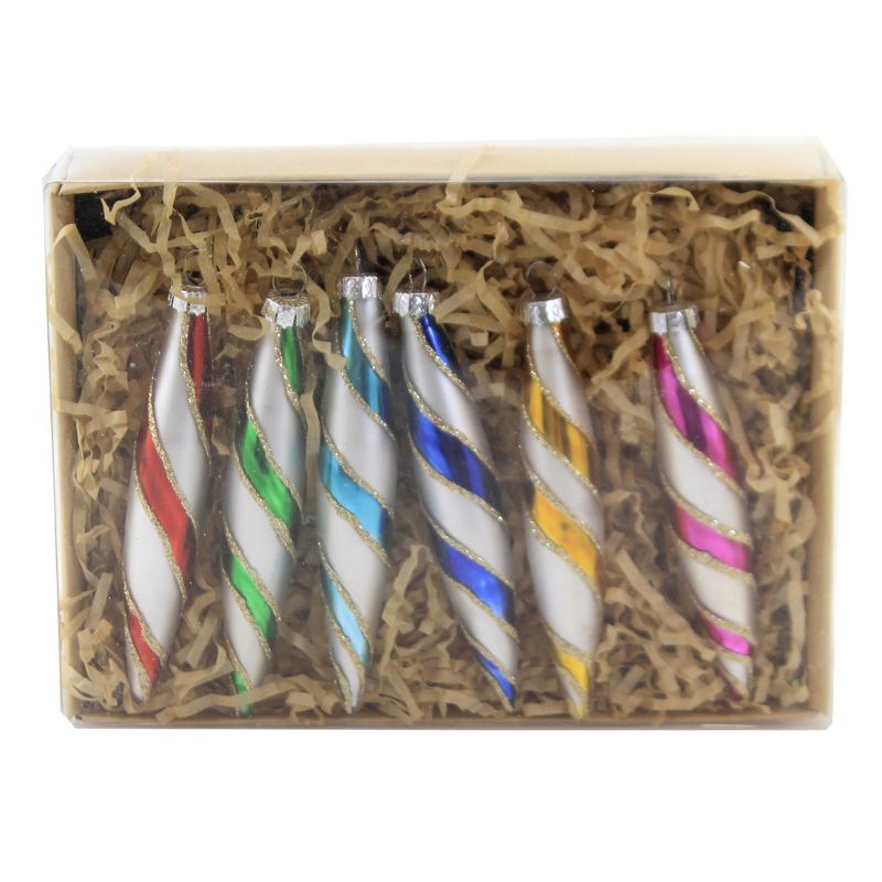 Holiday Ornament 4.25" Spectrum Spindle Drops Set / 6 Glittered Striped Retro Vintage  -  Tree Ornaments