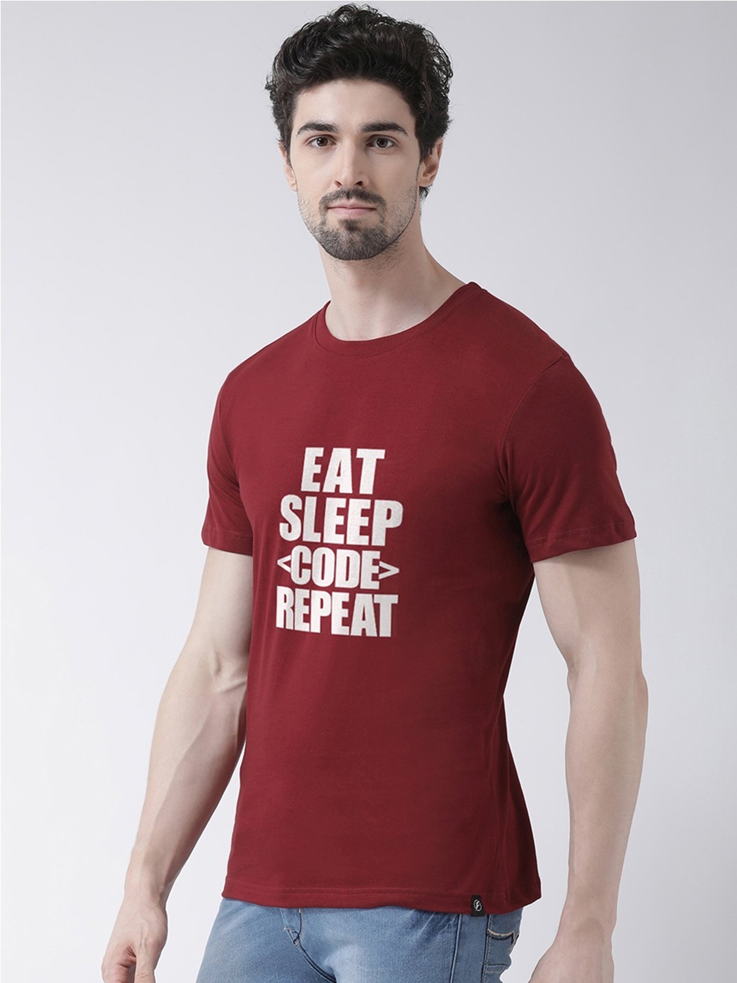 Friskers Maroon Cotton Slim Fit Printed T-Shirt