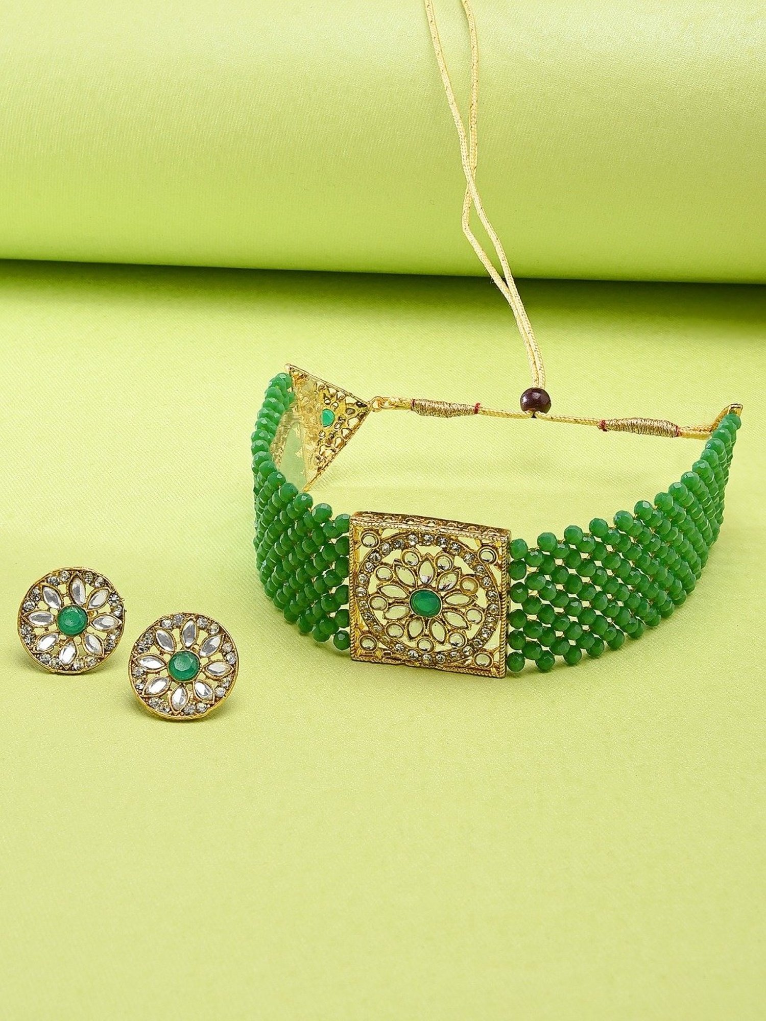 Zaveri Pearls Green Crystal Beads & Kundan Necklace & Earring Set